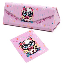 WoEluone Cartoon Cat Foldable Eyeglasses Case and Matching Eyeglass Cloth,Portable Eyewear Protector Proof Sunglasses Case