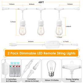 Mlambert 3 Color Outdoor LED Dimmable String Lights with Remotes, Plug in 96FT(2x48FT) Waterproof Shatterproof LED Lights for Patio Pergola-White Cord