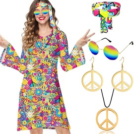 Disfraz Hippie de Los Años 60 y 70, 6 Piezas Conjunto de Hippie para Mujer, Traje Discoteca, con Diadema, Collar, Aretes y Gafas de Sol, Disfraz para Halloween