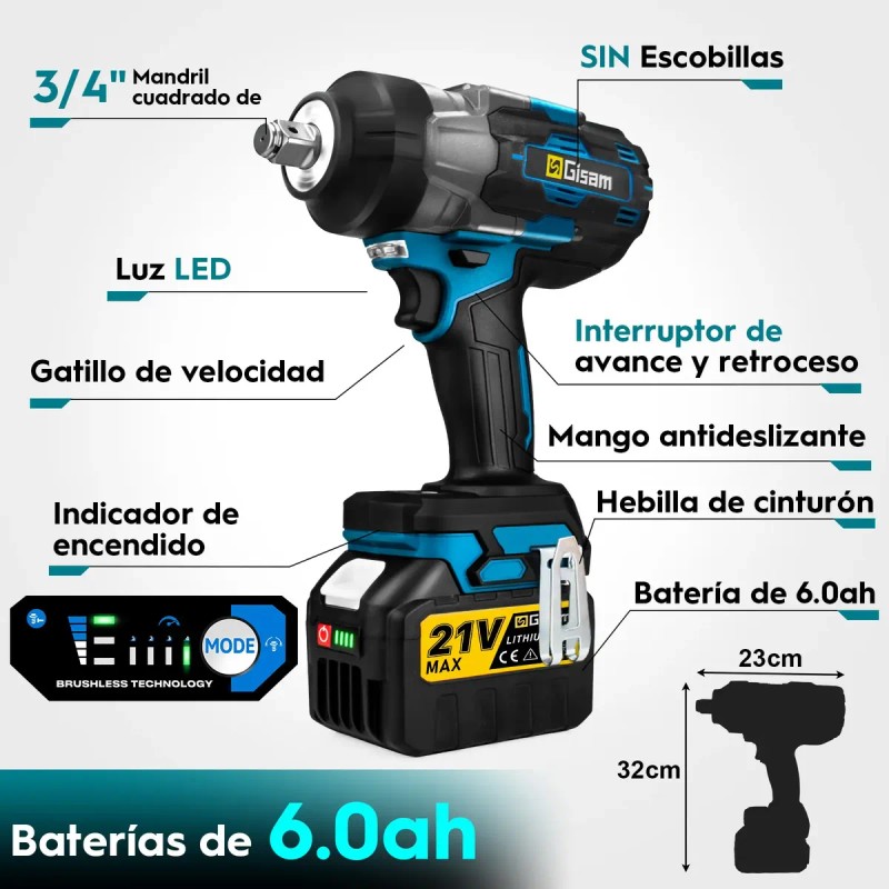 3/4'' Llave Impacto Inalámbrica Sin Escobillas Gisam W4030