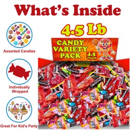 Bulk Candy Variety Pack, 4.5 Lbs Assortment Mix, Includes Twizzles, Assorted Tootsee Roll, Jolli Rancher, Individually Wrapped for Kids Birthdays, Party Favors and Candy Bowl