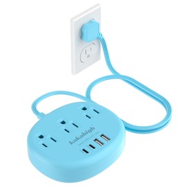 Blue Extension Cord with Surge Protected 1080J - 5 FT Flat Extension Cord, 1625W Cute Extension Cord with 3 AC Outlet 4 USB (24W/4.8A), Compact for Cute Blue Kawaii Desk Accessories