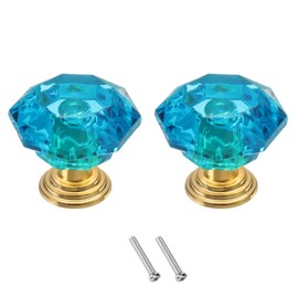 uxcell 2 Pcs Crystal Cabinet Knobs 24 mm Drawer Pulls Crystal Drawer Knobs for Cabinet, Cupboard, Wardrobe, Dresser, Blue Green/Gold