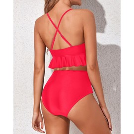 Tempt Me - Traje de baño de dos piezas para mujer, traje de baño de cintura alta, con volantes y control de abdomen, Rojo neón, XXL