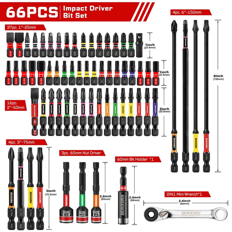 Geinxurn 66Pieces Impact Screwdriver Bits Set, Magnetic S2 Steel Phillips/Slotted/Square/Torx/Hex