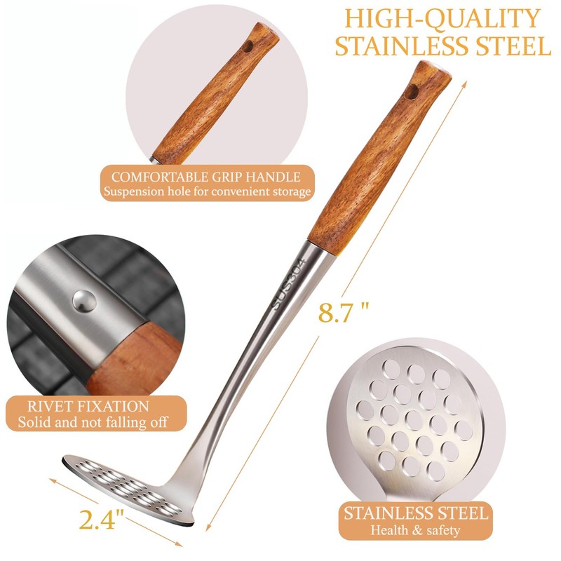 Avocado Masher Stainless Steel Small, Mini Potato Masher, Wooden Handle