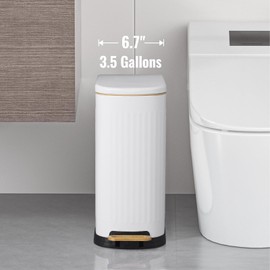 SYNCVIBE Slim Bathroom Trash Can Foot-Operated Stainless Steel Garbage Can with Soft Close Lid Step Trash Bin with Removable Inner Bucket for Bedroom, Office, Kitchen (Matt White, 3.5 Gallons)