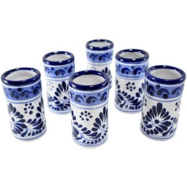 MAREY Mexican Pottery Shot Glasses | Talavera Poblana | Talavera Pottery | Set of 6 Pieces | 100% Handmade | Tequila Cups (Blue & White, 2 Oz.)