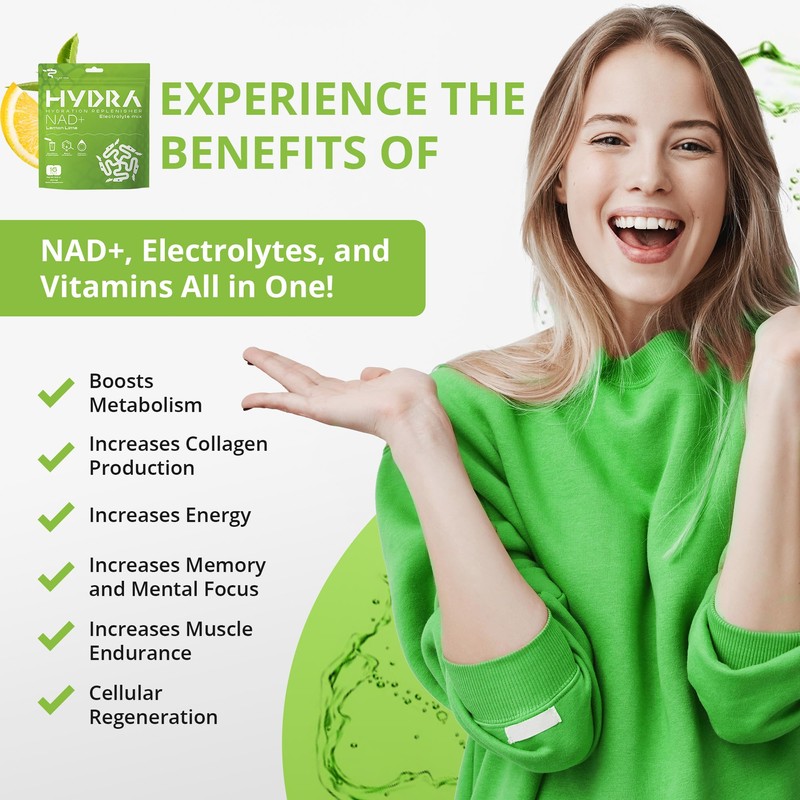 Hydra Powders NAD+ Nutrients Electrolyte Powder Packets, Anti Aging Daily