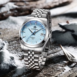 ADDIESDIVE Luxury Automatic Watches Men's Sapphire Glass Solid Stainless Steel Bracelet with Elegant White Ocean Wave Dial, blue, Minimalist