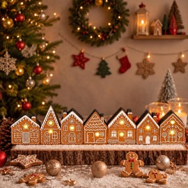 Christmas Table Decorations, Light up Gingerbread House Table Centerpieces Wooden Sign Decorations with LED Lights, 3D Block Xmas Decor for Christmas Tabletop Mantel Desk Home Office Party