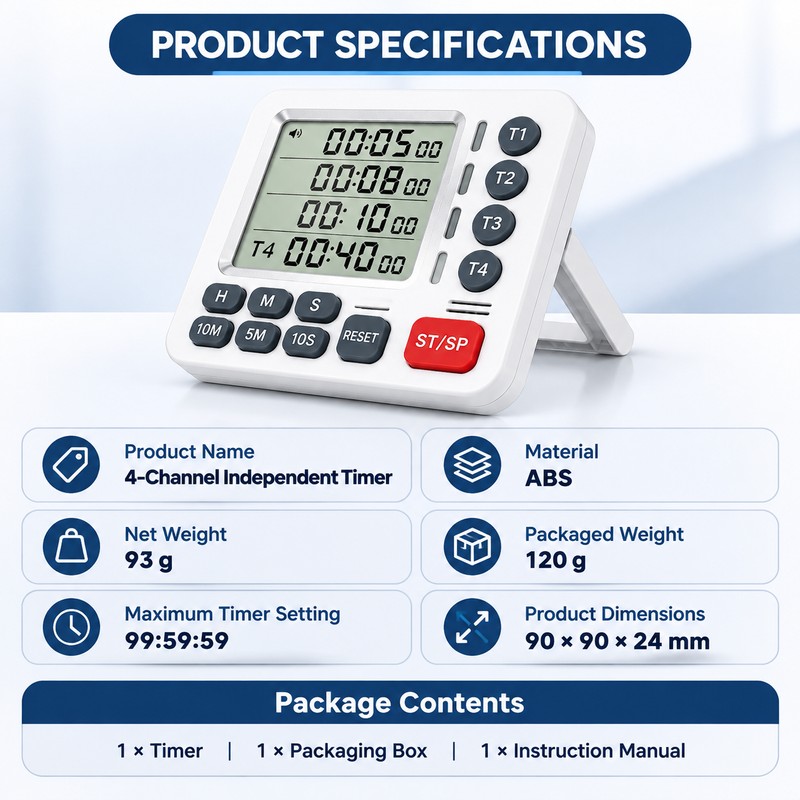 4-Channel Digital Kitchen Timer for Cooking & Study – LCD