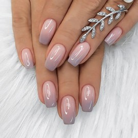 24Pcs Pink Purple Gradient Press on Nails Square Fake Nails with Glue Full Cover False Nails Artificial Acrylic Nails Press ons Holiday Glue on Nail Medium Reusable Stick on Nail for Women Girls