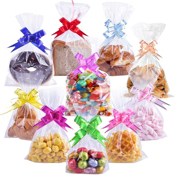 maxffany 100PCS Clear Cellophane Treat Bags 8" X 12" Clear Resealable Flat Cello Bags Sweet Party Gift Bags OPP Plastic Bag with Mix Colors Ribbons Bows for Bakery, Popcorn, Cookies, Candies, Dessert