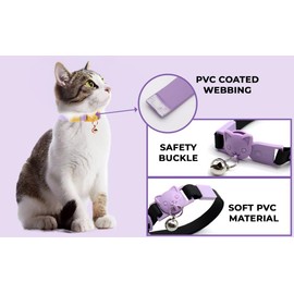 Soft PVC Cat Collar with Bell | Quick Safety Release Breakaway Buckle | Super Soft, Lightweight, Waterproof, Sleek Design (Lilac & Yellow)
