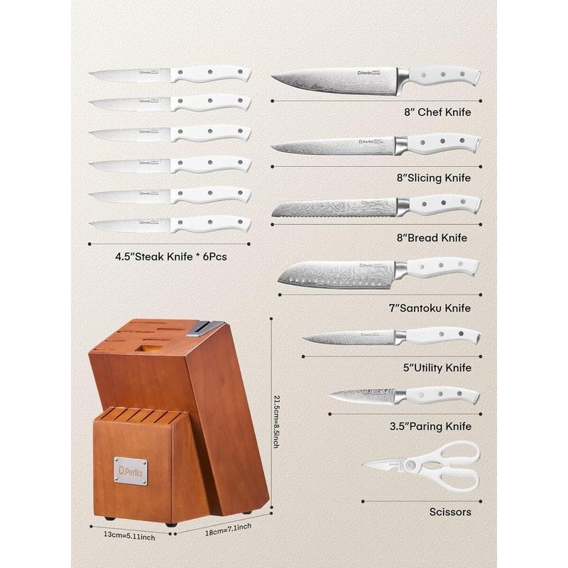 D.Perlla Knife Set, 14 PCS Stainless Steel Kitchen Knives Block