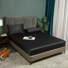 Luofanfei Fitted Sheet 140 x 200 cm, Black, Box Spring Bed Terry Cloth Shiny Summer Cooling Bamboo Microfibre Bed Sheet, Plain Fitted Sheets for High Mattress up to 25-30 cm