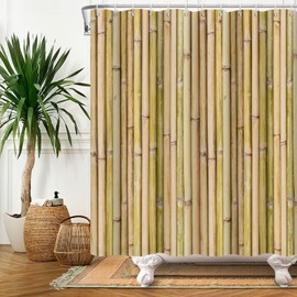 Bamboo Shower Curtain, Green and Yellow Nature Plant Shower Curtain for Bathroom Waterproof Botanical Bathroom Decor with Hooks, 72x72 Inch