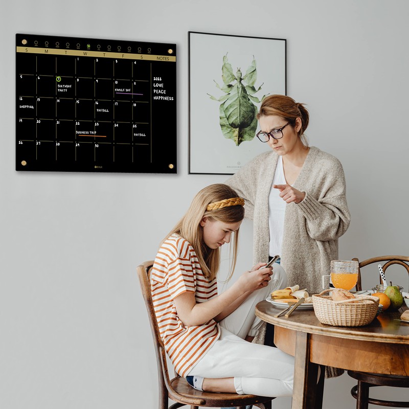 Black Glass Golden Monthly Dry Erase Calendar Whiteboard for Wall,