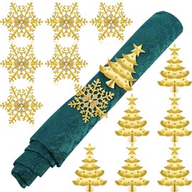 12 Patelai Christmas Napkin Rings Snowflake Napkin Rings Xmas Tree Napkin Ring Holder Buckle Rhinestone Metal Napkin Ring Holder Christmas Napkin Rings for Xmas Wedding Dinner Table Decor (Gold)