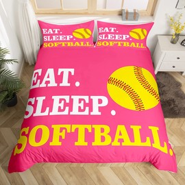 Feelyou Softball Bedding Set for Girls Boys Kids Ball Sports Theme Comforter Cover Set Bright Pink Yellow Room Decorative Duvet Cover Softball Lover Bedspread Cover Queen Size 3Pcs Bedclothes