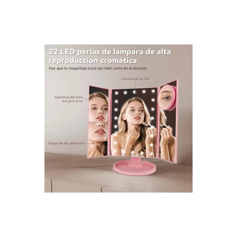 Espejo Maquillaje Luz Tríptica Aumentos 10x/3x/2x Plegable 22 Leds De