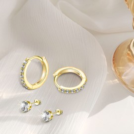 Stud Earrings Set Silver Stud Earrings Small Hoop Sleeper Cartilage Huggie Silver Earrings for Women Girls Men, Silver, Zircon