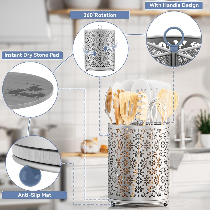 YIUKEA Extra Large Utensil Holder - 360° Rotating Cooking Utensils