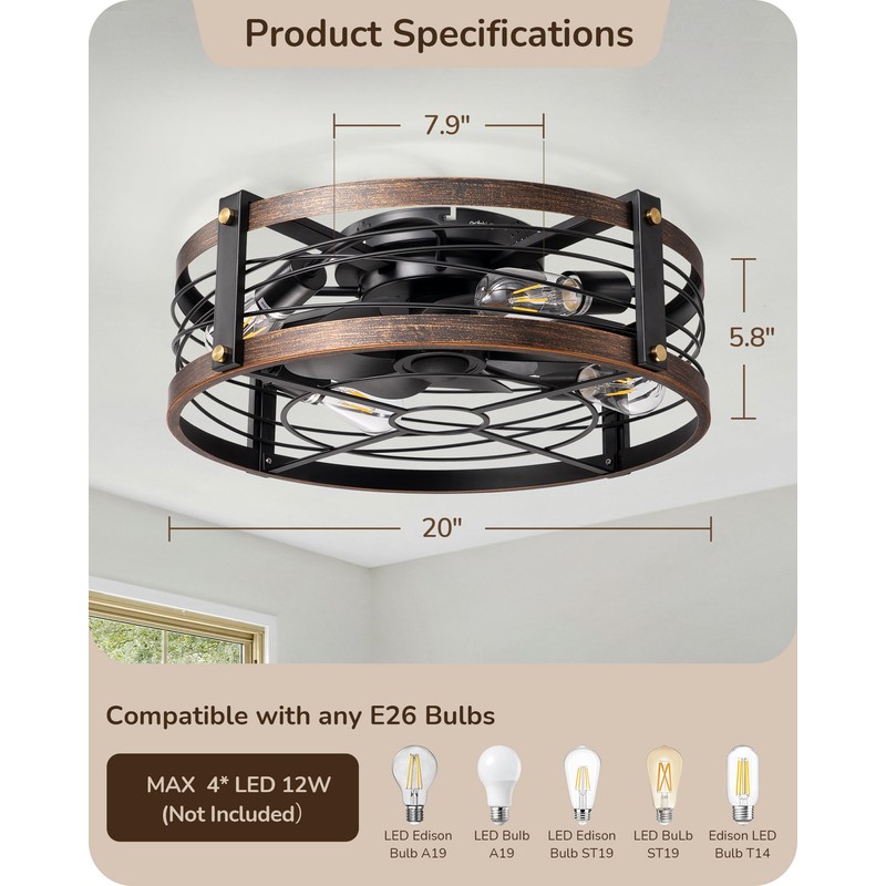 EDISHINE 21" Pre-Assembled Ceiling Fans with Lights Flush Mount, 10%-100%