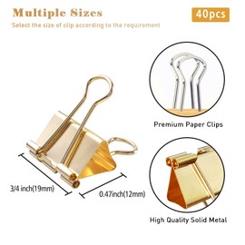 Small Binder Clips, 40 Pack, 3/4 Inch, Standard 19mm, Light Gold, Capacity 0.31 Inch, Mini Paper Clips, Fold Clamp, Office and School Supplies