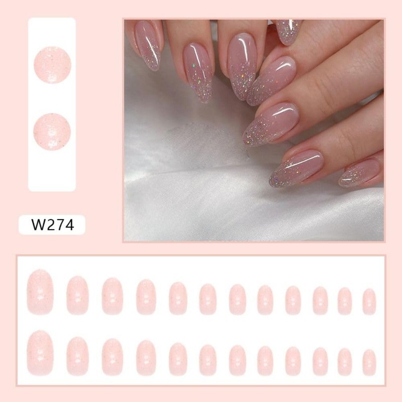 24pcs Long Almond False Nail French Glitter Star River Nail