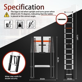 Telescopic Ladder, 12.9 FT Aluminum Lightweight Extension Folding Telescopic Ladder Slow Down Design with Wide Treads, Portable Collapsible Ladder for Household and Outdoor Working, 300lb Capacity