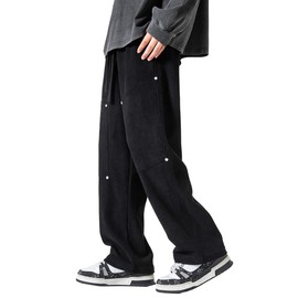 Acydar Mens Drawstring Straight Leg Pants Corduroy Joggers Pants Casual Cargo Pants Black