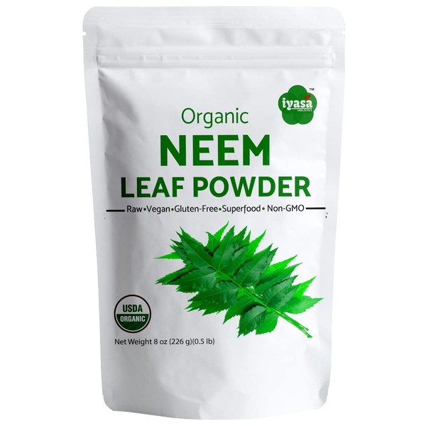 Iyasa Holistics USDA Organic Neem Leaf Super Greens Powder to Support Blood and Liver Purification, Promote Healthy Hair and Clear Skin Complexion Having Resealable Bag 8 oz/ 226g