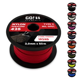 GO!elements 50 m Paracord Rope Made of Tear-Resistant Nylon - 3 mm Paracord 425 Type II Max. 192 kg - Cords as Outdoor Rope, All-Purpose Rope, Survival Rope, Bracelet, Dog Lead, Nylon Cord, Colour: