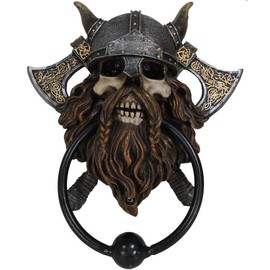 Ebros Gift Viking Norse Berserker Warrior Chieftain Skull with Crossed Rune Hand Axes Decorative Door Knocker Crafted Resin with Metal Ring Hardware