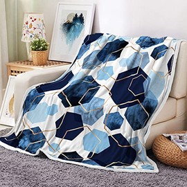 Blue Grey Modern Geometric Throw Blanket, Watercolor Deep Blue Navy and Gold Foil Outline Polygons Abstract Fleece Blanket, Mid Century Soft Plush Blanket, 50X60IN