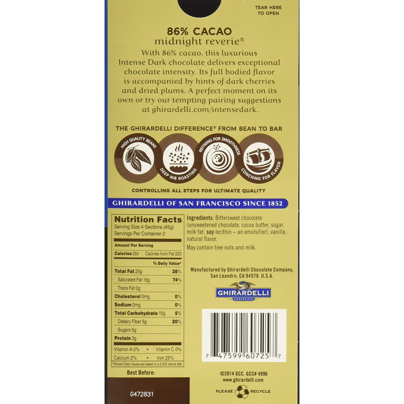 Ghirardelli Intense Dark Midnight Reverie Chocolate Bar, 3.17 Ounce (Pack