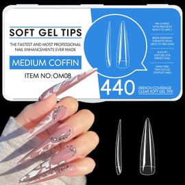 440 Piezas de Uñas Postizas para DIY en Casa, Incluye 11 Tamaños, Tips para Uñas Soft Gel para Uso en Salones, Uñas Press on Transparentes con Caja, Ideales para Bodas y Fiestas (Estilo 08)