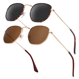 KALIYADI Hexagon Sunglasses For Women Men Polarized, Square Sunglasses For Womens Sun Glasses UV Protection Metal Frame (2 Packs Grey&Brown)