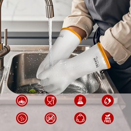 DEYAN Silicone BBQ & Oven Gloves - Food Grade, Heat Resistant Waterproof & Oil Proof Gloves for Grilling, Baking, Frying, Cooking - Long Sleeve & Non-Slip, 1 Pair (White, 9/L)