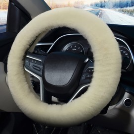 Pahajim Fluffy Steering Wheel Covers, Soft Furry Car Anti-skid Plush Steering Wheel Cover Warm Wool Universal 36-39cm Winter Car Decoration for Women (Cream)