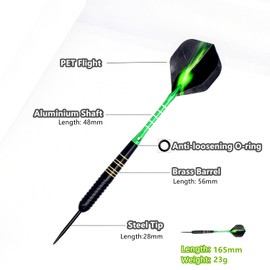 ROOBEEO Steel Tip Darts 3 Pack 23 Grams Professional Darts Metal Tip Set with Brass Barrel Aluminum Shafts Extra 3 PVC Dart Shafts 8 Flight Protectors 12 Rubber O-Rings Dart Storage Case (Green)