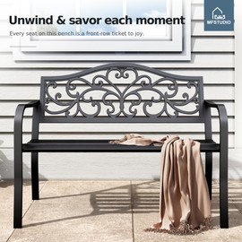 MFSTUDIO 43.7 Inches Outdoor Garden Bench, Cast Iron Metal Frame Patio Park Outside Benches with Floral Pattern Backrest for Front Porch, Black, Camelback