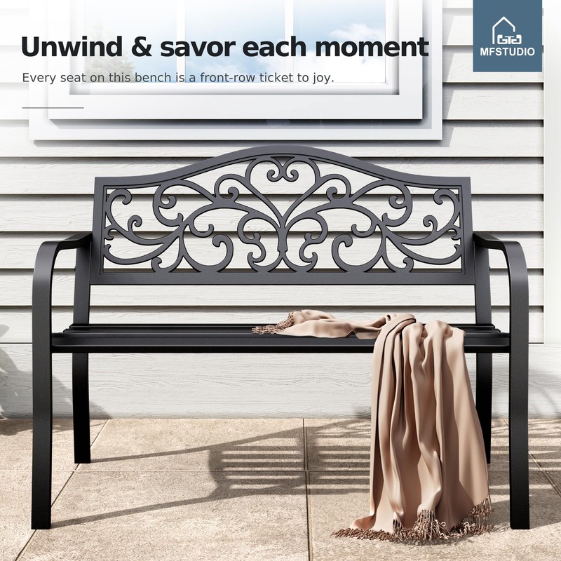 MFSTUDIO 43.7 Inches Outdoor Garden Bench, Cast Iron Metal Frame