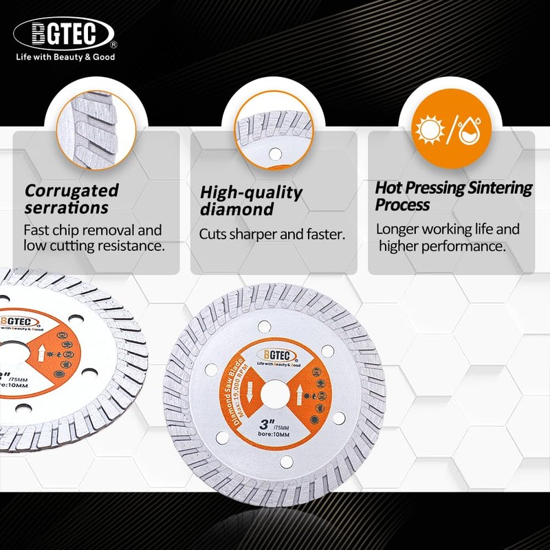 BGTEC Diamond Granite Turbo Blade,2pcs 3"/75MM Cutting Disc for Concrete,