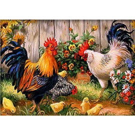 WOWDECOR Stamped Cross Stitch Kits for Adults Beginners, Pre Printed Rooster Garden Chick Family 11ct 30x40cm Pattern DIY Embroidery Starter Kit Needlework Set
