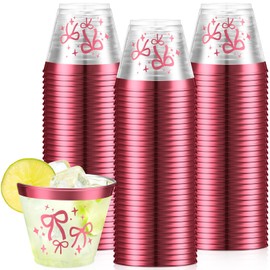 Funnymoom 50 Pcs Pink Bow Plastic Cups 9 oz Disposable Hard Plastic Cups for Bridal Shower Party Pink Bow Clear Wine Tumblers for Birthday Engagement Baby Shower Wedding Party Supplies