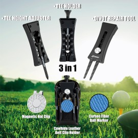 3-in-1 Golf Tool Set with Carbon Fiber Divot Repair Tool, Tee Height Adjuster, Magnetic Ball Marker, Leather Holster, USGA Compliant [Shiny Black]