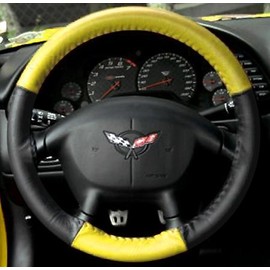 C5 & Z06 Corvette Steering Wheel Cover Custom Made Euro-Style Two-Tone Genuine Leather for 1997-2004 (Yellow/Black)